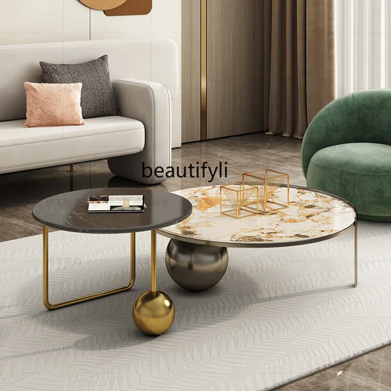 

Italian Minimalist Light Luxury Stainless Steel Modern Creative Large and Small Round Rock Plate Coffee Table Combination