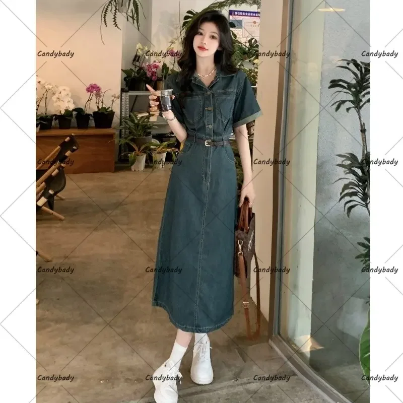 Retro Hong Kong style cowboy dress summer niche design high-end temperament French short-sleeved long skirt women\'s clothing