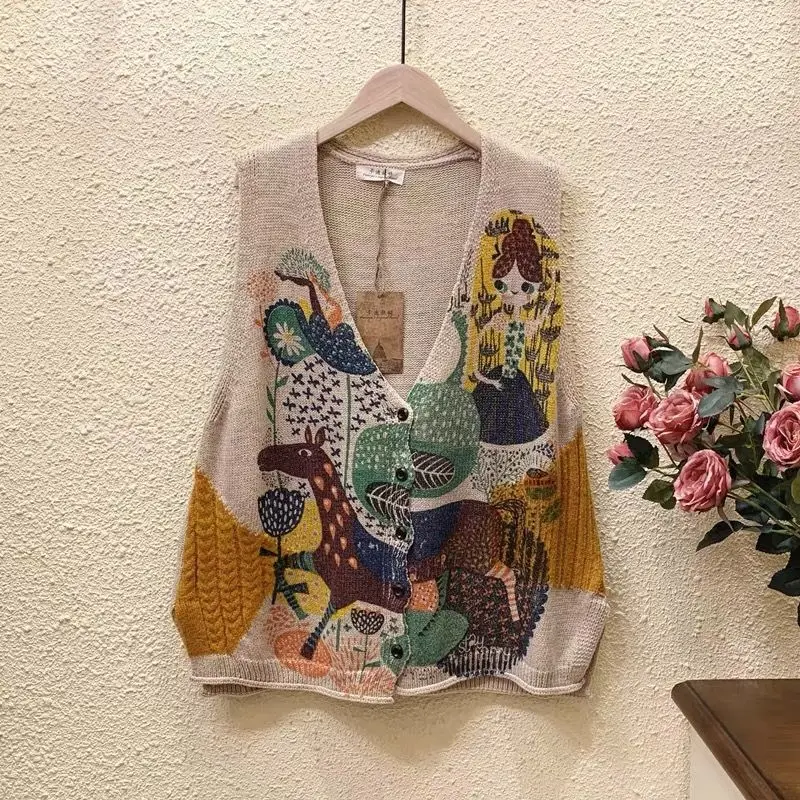 

Sweater women's wild literature and art 2023 spring and autumn new loose printed cardigan retro knitted vest