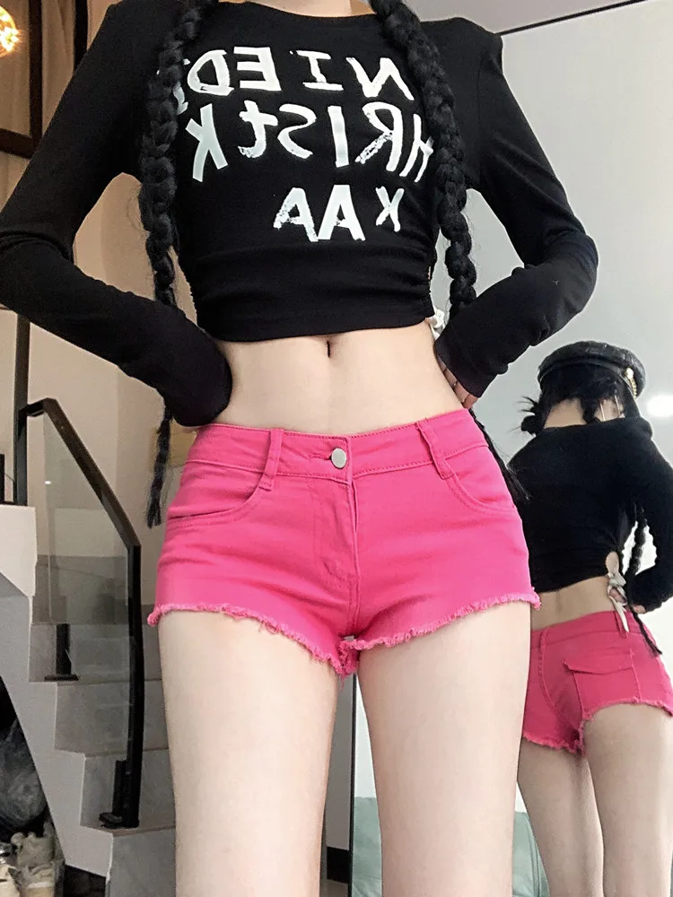 Rose Red Sexy Girl  Low Rise Denim Skinny Shorts for Women Y2K Street 2000s Casual Tassle Short Jeans Women