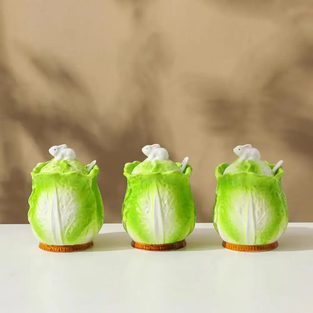 Ceramic Cabbage Shaped Lard Jar with Lid Spoon 350ml Kitchen Sealed Seasoning Container Storage Pot for Salt Sugar Chili Oil