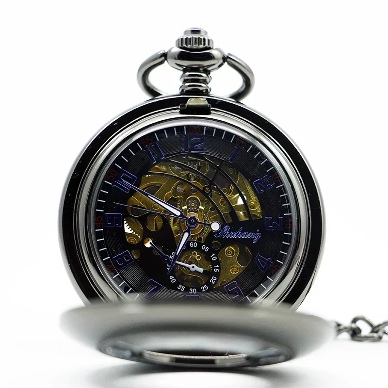 Classic Antique Vintage Men Steel Skeleton Roman Number Mechanical Pocket Watch Hand Wind Watches Fob Chain Clock for Collection