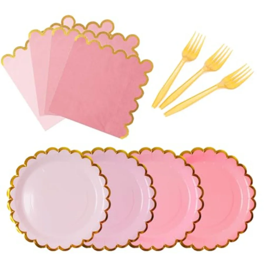 

Pink and gold mix scalloped party plates wit napkins and k gold f border, 24 Guest Pink disable Tableware Set Party ration Birt