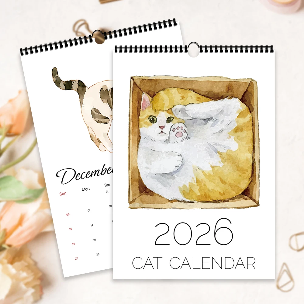 

1pc, 2026 Cartoon Hand-Drawn Cat Theme Calendar, 12 Different Designs, Wall Calendar, Birthday, Christmas, New Year Gift