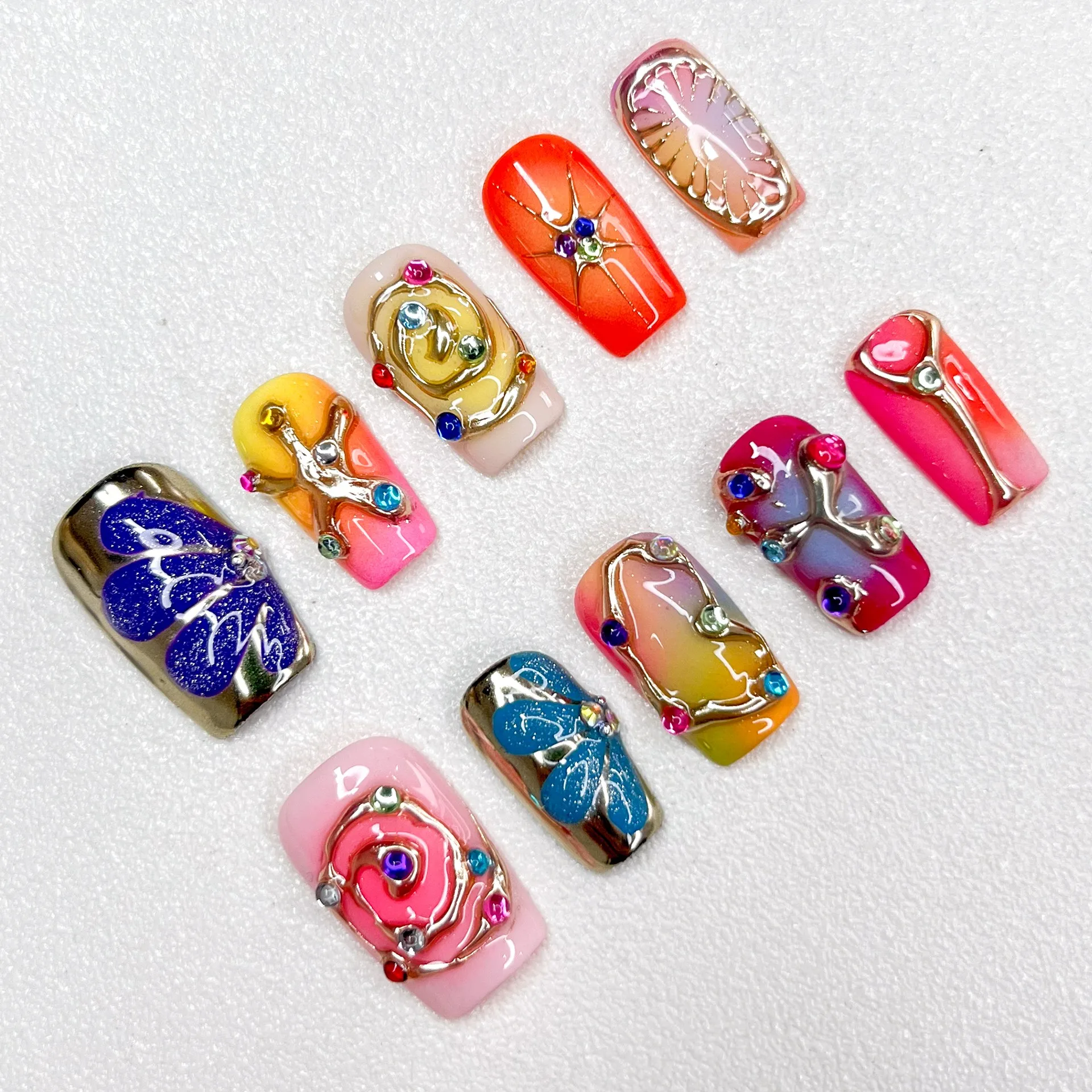 New Trapezoidal Style Manicure Handmade Fake Nails Press on Nails Metal Relief Personalized Manicure Gradual Change Multicolored
