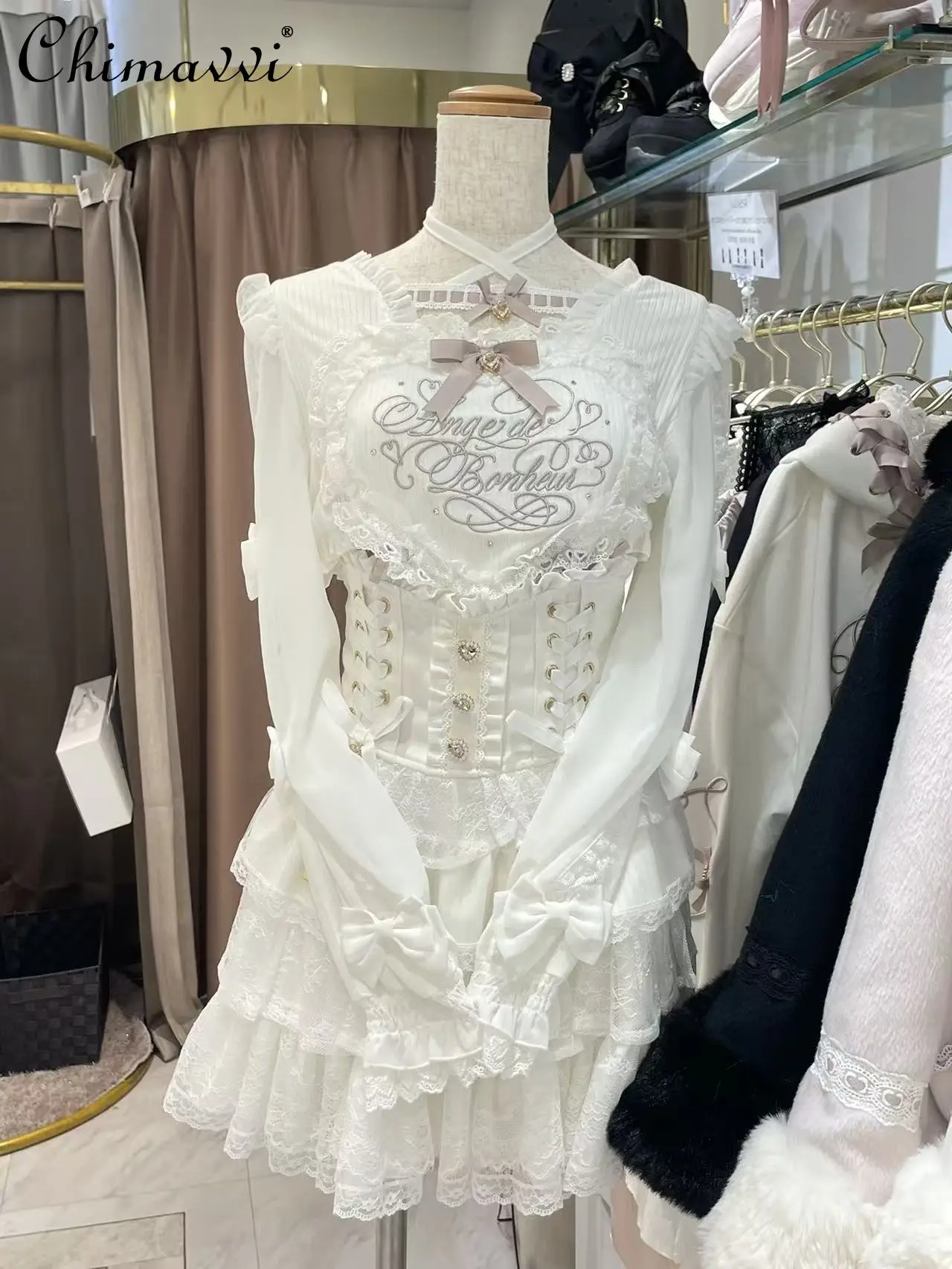 

Японская рубашка Liz Sweet Lolita с кружевом, большим сердцем, перекрестными бретелями и длинными рукавами, весенняя новинка, серийное производство, милая, в стиле принцессы, Y2K, топ