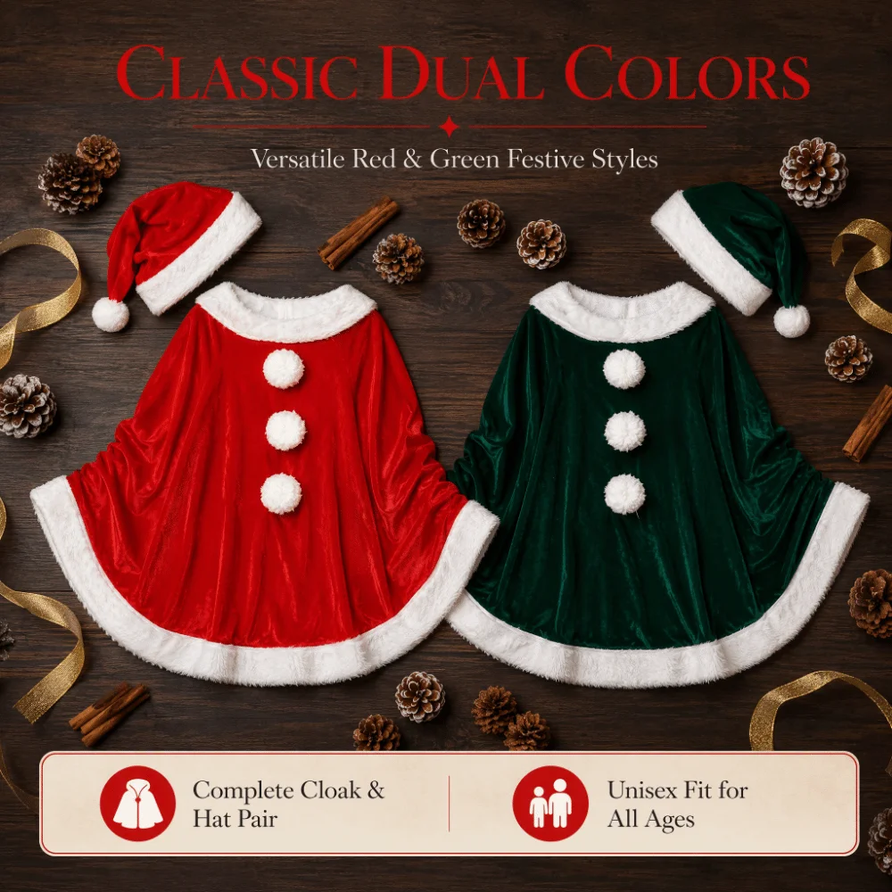 Simple Polyester Christmas Cloak and Hat Thick Warm Xmas Cape Shawl Windproof Santa Claus Costume Christmas Party Costume