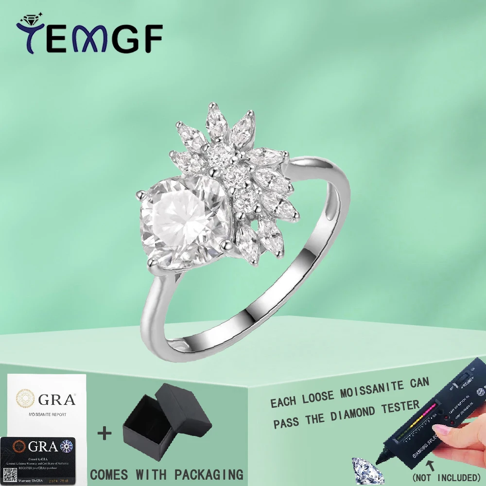

TEMGF Luxury 2CT Moissanite Ring for Women GRA Certification 100% S925 Sterling Silver Fine Jewelry Dazzling Petal Inlay Design