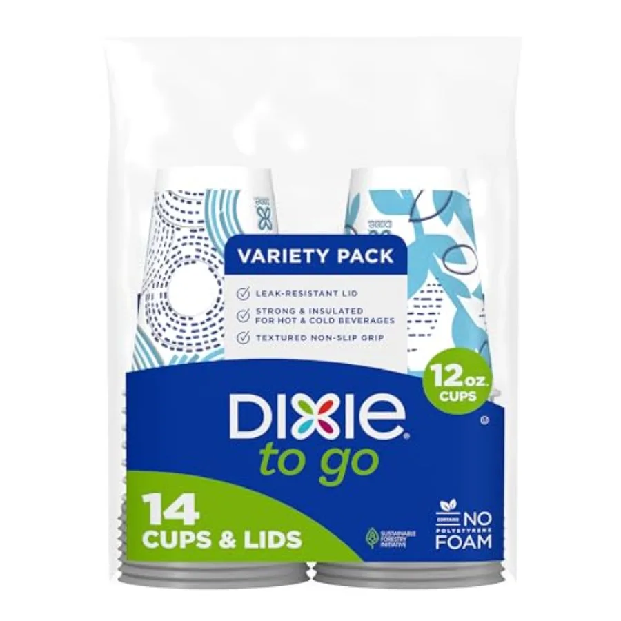 To Go Paper Coffee Cups With Lids,,14 ct, Disposable Insulated Paper Cups for On-The-Go Hot or Cold Beverages Medium