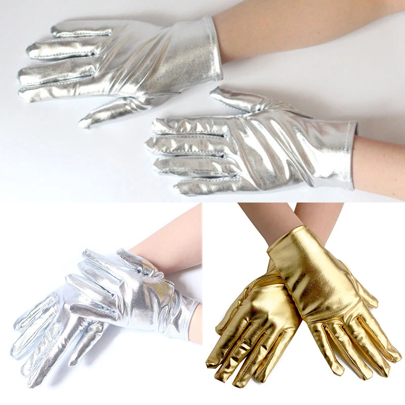 1 Pairs Short Patent Leather Gloves Wet Look Fake Leather Metallic Mittens Halloween Dress Up Punk Cos Full Fingers Gloves