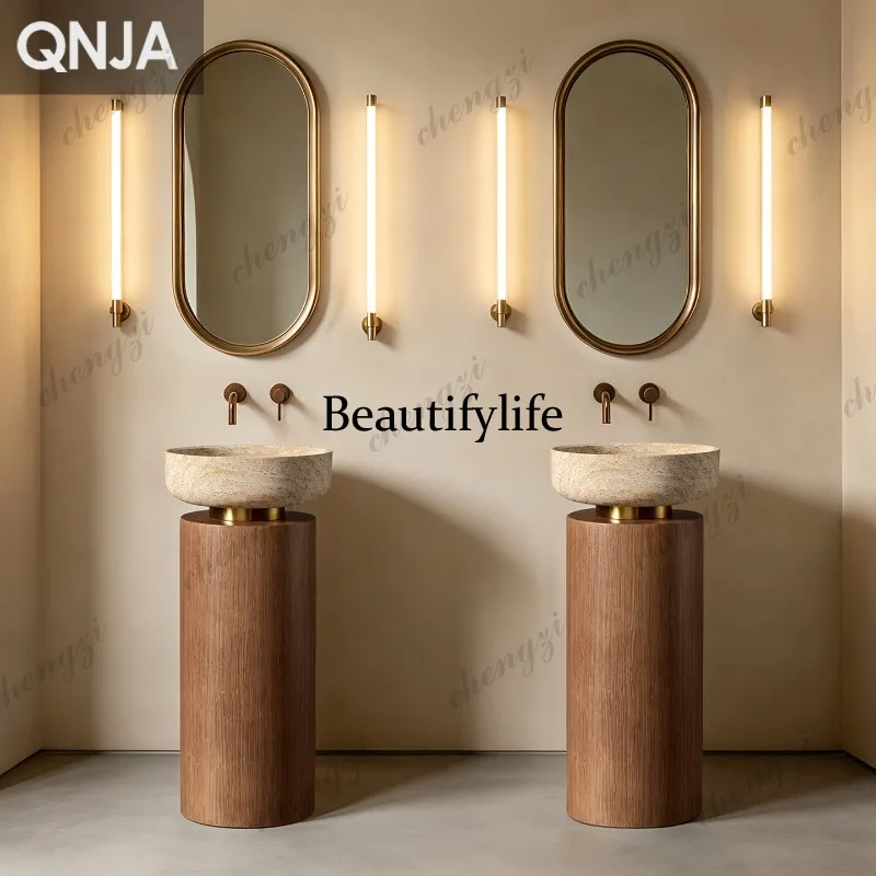Medieval wabi-sandy wind wash basin integrated floor-to-ceiling wood grain face wash table creative art travertine pillar basin