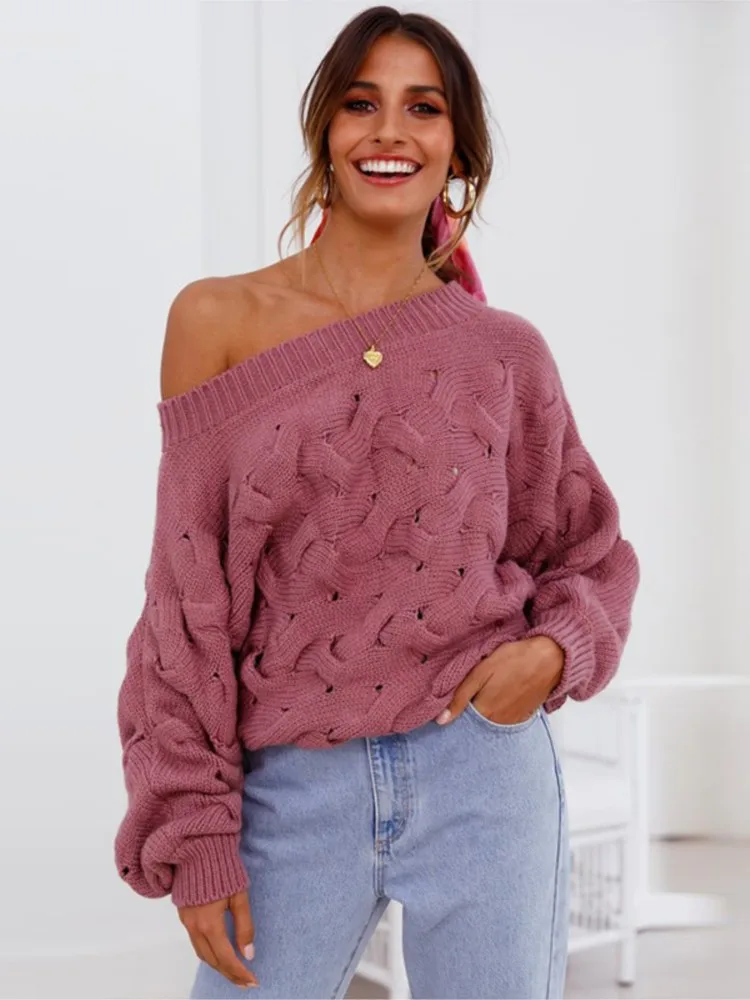 

2025 Sweater Pulls Femmes Woman Clothing Knitted Pullover One Line Neck Off Shoulder Solid Color Lantern Sleeve Loose Casual