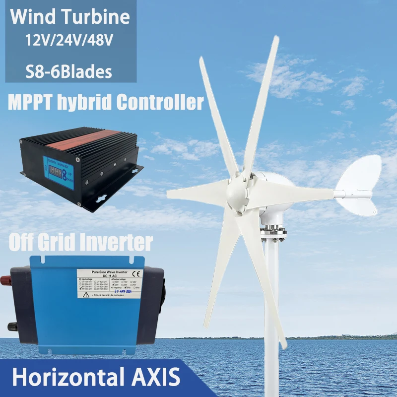 

8000W Wind Turbine 12v 24v 48v Generator Low Start Windmill Speed Free Alternative Energy 6Blades With MPPT Hybrid Controller