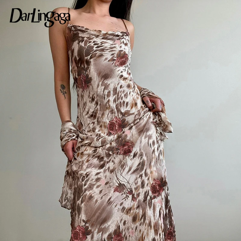 

Darlingaga Vintage Fashion Leopard Flowers Print Long Dress Party Spaghetti Strap Y2K Chic Holidays Sundress Elegant Women Sexy