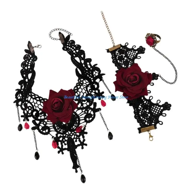 

E56A 2PCS COSTUMESEENS SET SET GOTHIC CHORCE CHOKER Ожерелье с браслетом