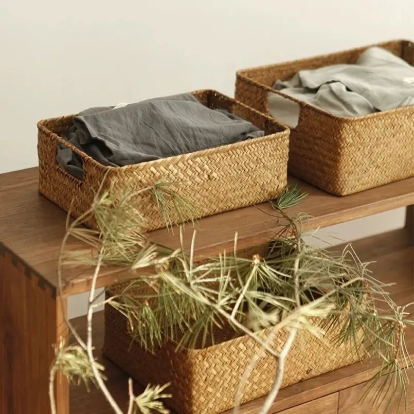 Cesta de algas marinas tejida para decoración del hogar, cesta de mimbre Natural, cesta de almacenamiento, toalla de pan de frutas, mesa de cocina, ratán