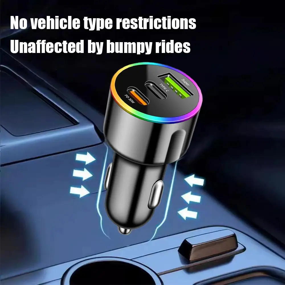 Car Charger Adapter Multi-color Ambient Light 60W PD30W USB-A Fast Charging Car Charger For Phones, Tablets
