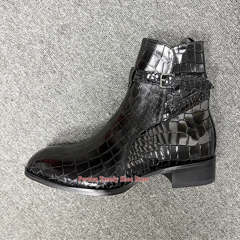Men's Buckle Strap Chelsea Boots Fashion Designer Snake-Print Embossed Leather Short Boots Comfortable Business Dress Shoes
