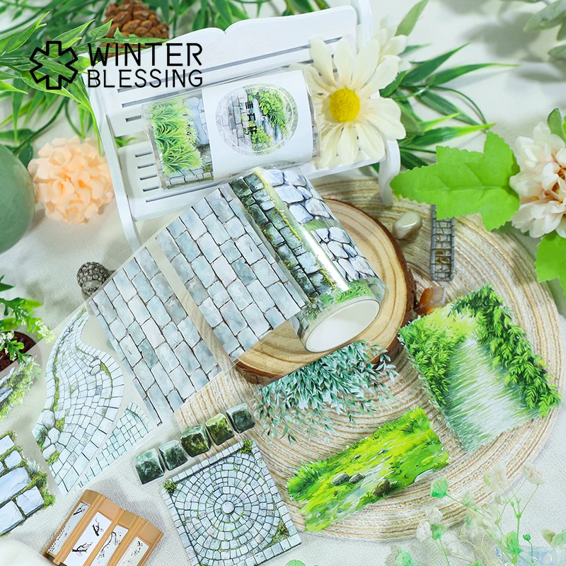 【セール中】7 センチメートル * 2 メートル/ロール緑の植物旗石道路 PET 和紙テープ芝生透明ロールステッカー装飾テープスクラップブッキングジャーナル