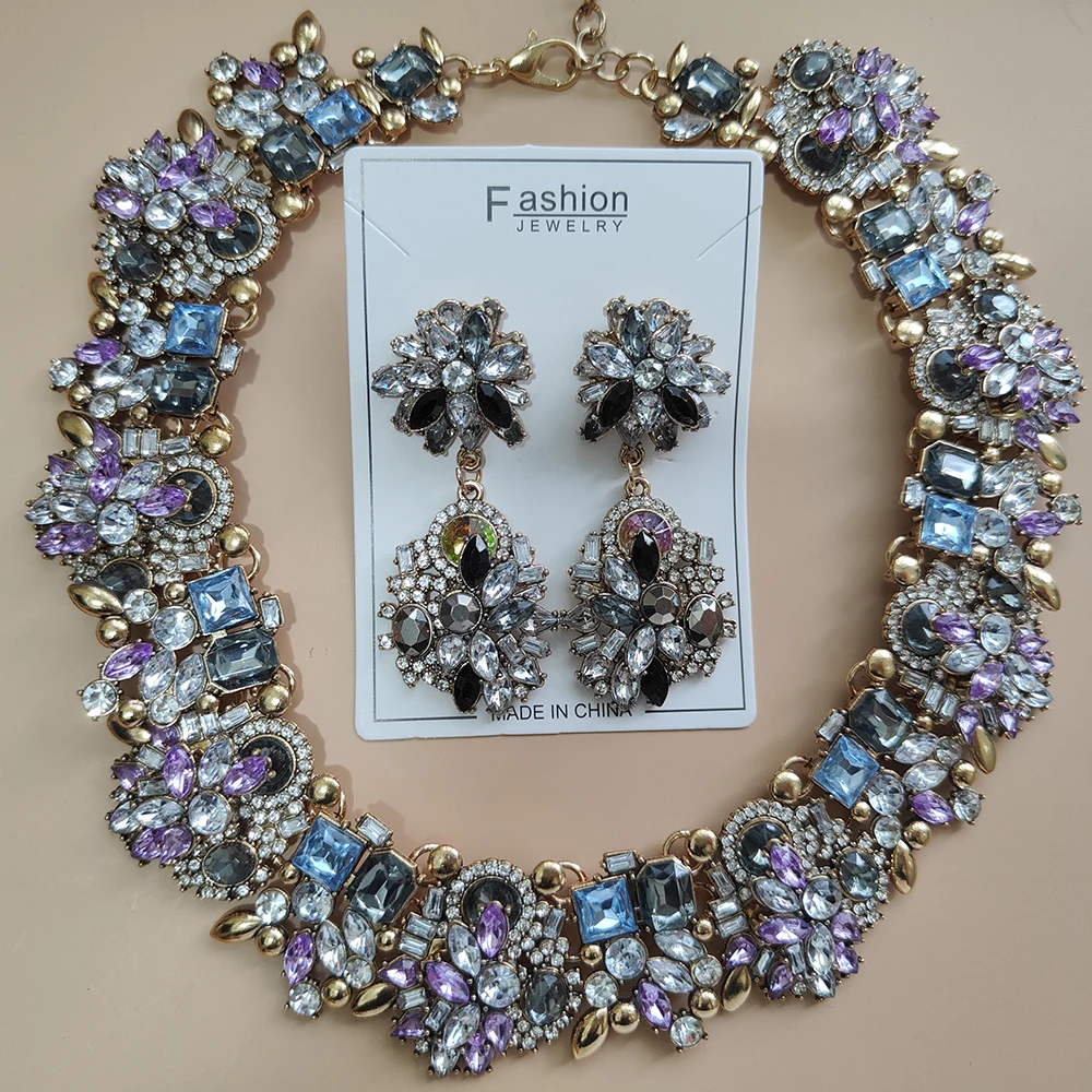 Women's Vintage Statement Earrings & Crystal Rhinestone Choker Set