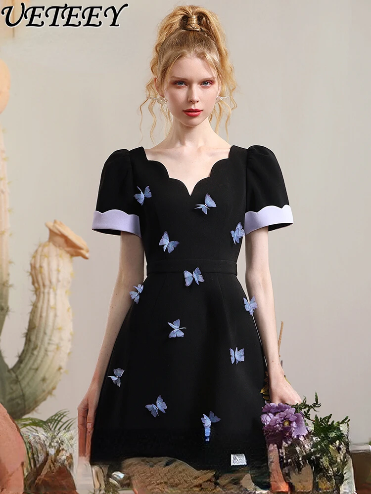 

Niche Luxury Black Dress Women's Elegant Romantic Art Socialite Petal V-neck Fashion Butterfly Commuter Short Sleeve Dress Lady