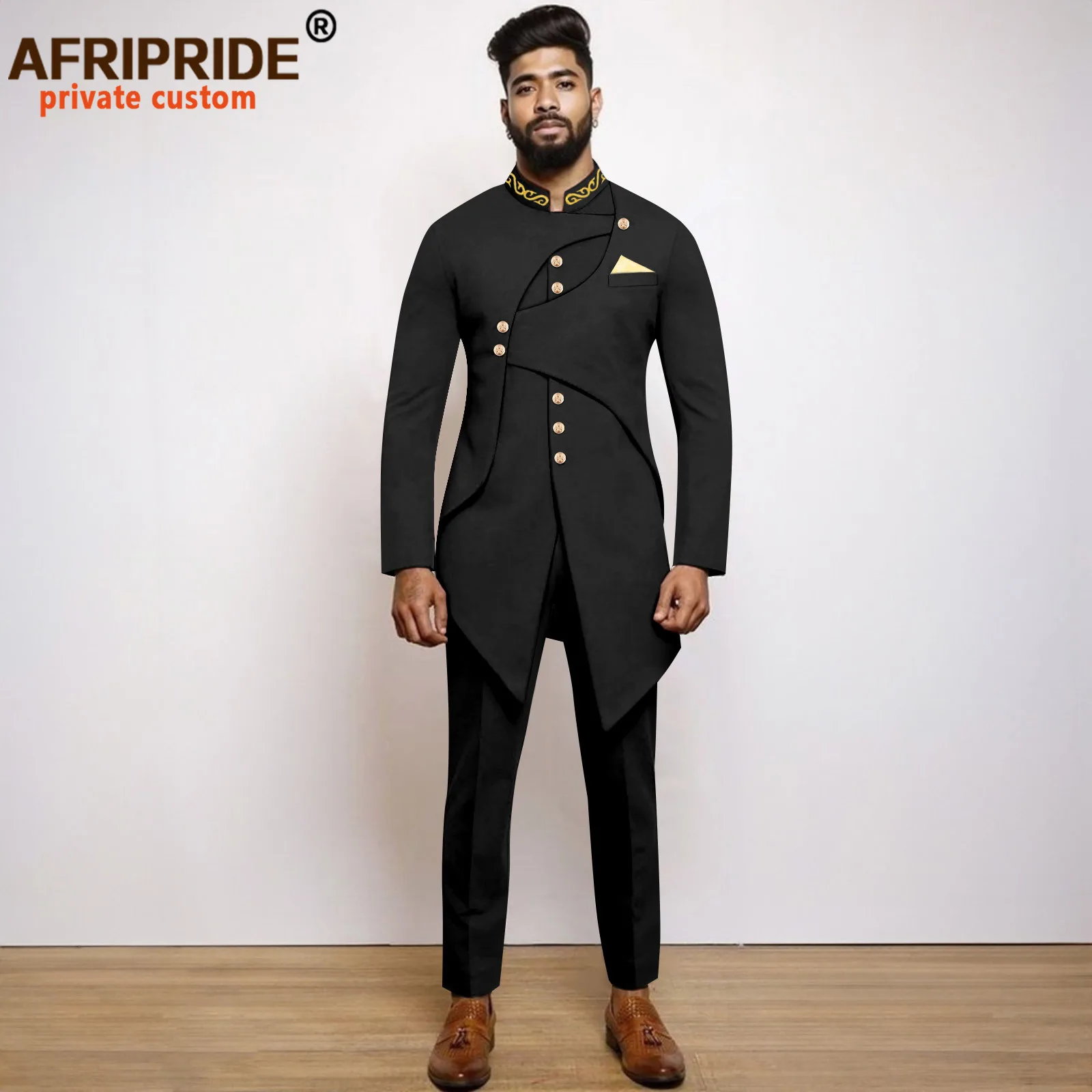 Men`s Suit African Clothes Slim Fit Embroidery Single Breasted Blazer and Trousers Set Formal Outfits with Kerchief 2416031