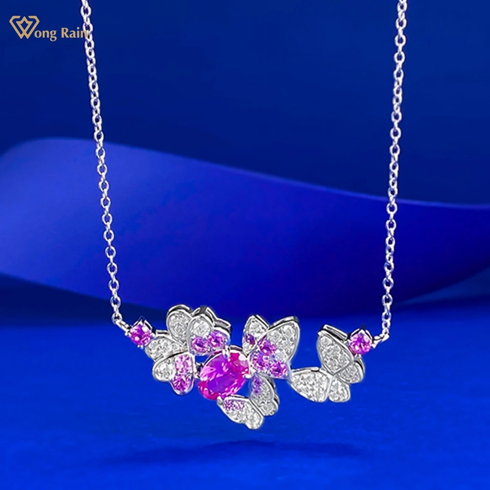 

Wong Rain 100% стерлингового серебра 925 пробы овальной огранки 7*5 мм лабораторный сапфир высокоуглеродистый бриллиант драгоценные камни кулон-бабочка ожерелье ювелирные изделия