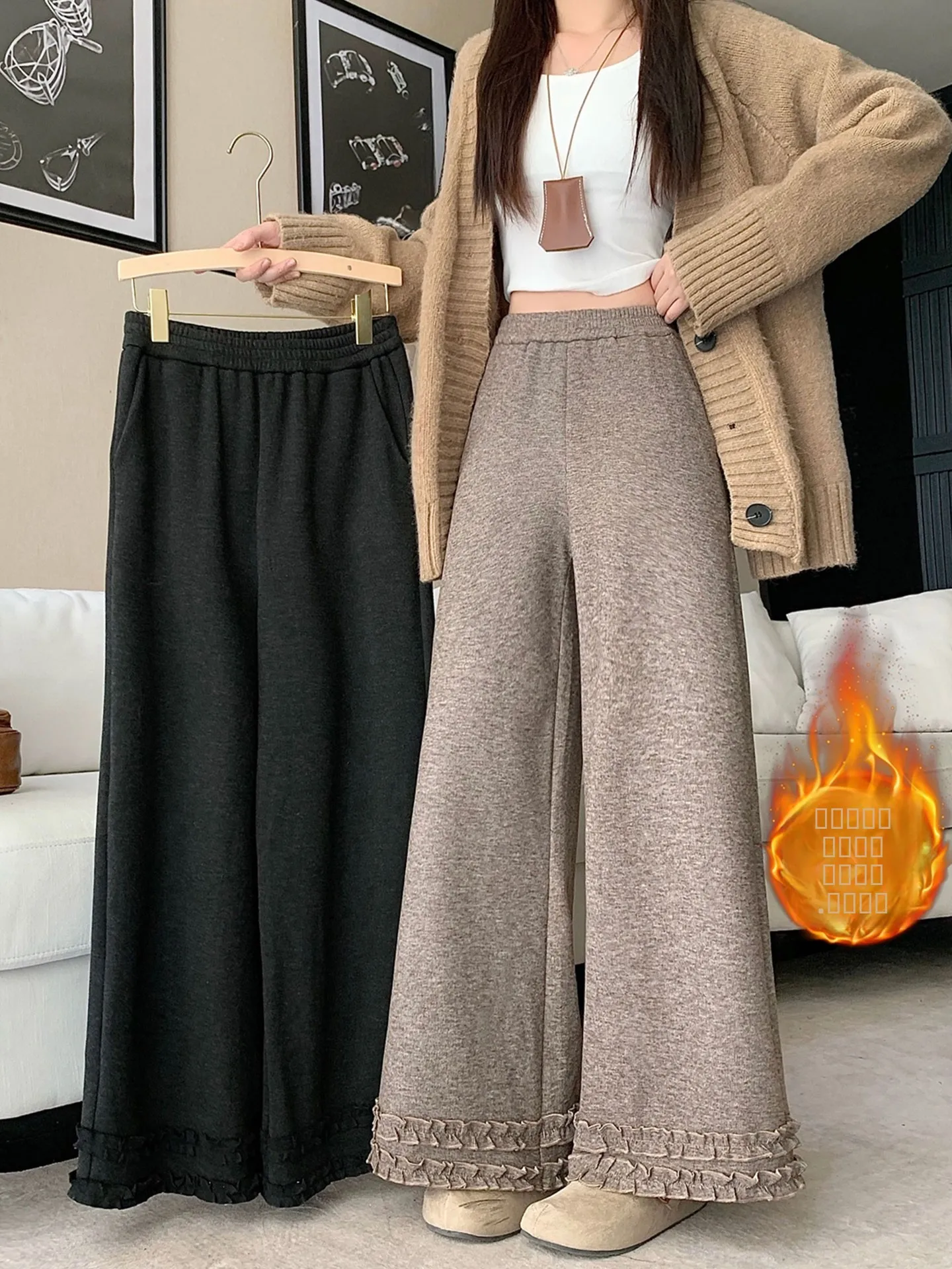 

Thiened Wide Leg Pants Women's Autumn Winter High Waist Korean Sle High Waist Straight Tube Trousers with Wood ain