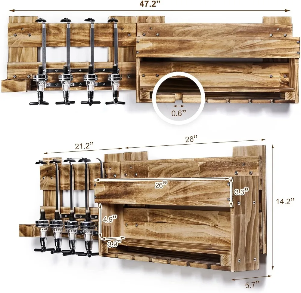 Homde-estante de vino de madera montado en la pared, soporte de vidrio con copas de botella, estante de almacenamiento de exhibición de vino rústico con 4 botellas