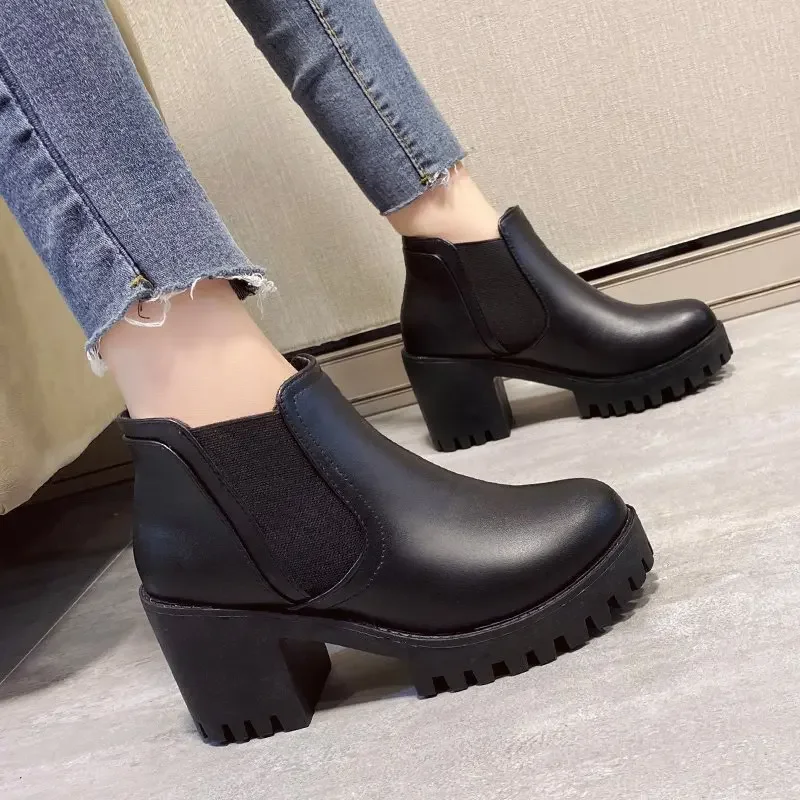 Autumn Winter British Riding Boots Thick Heel Women\'s Ankle Boots Round Head Waterproof Platform Elastic Mouth Short Boots 35-41