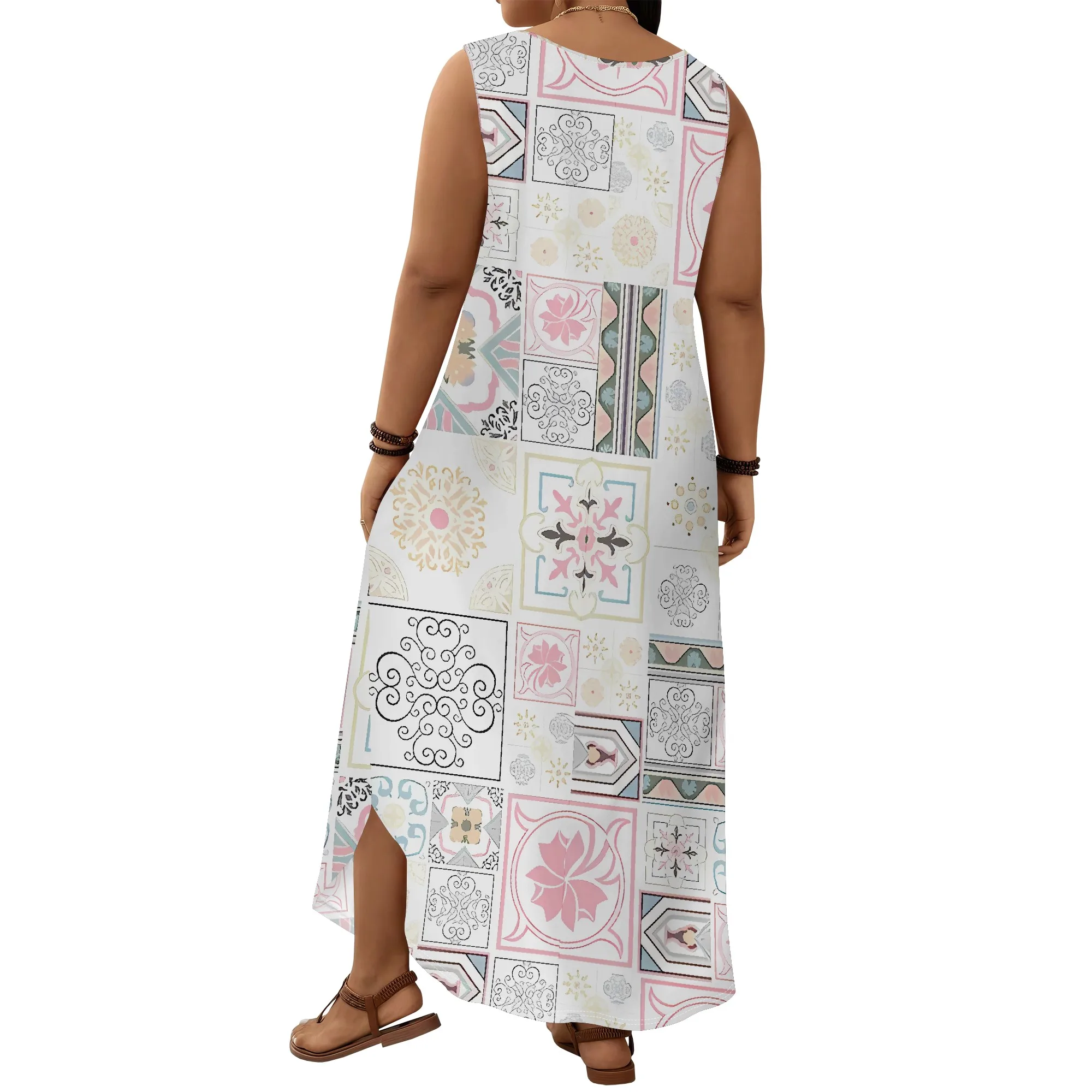 EQQZD 플러스 사이즈 민소매 와이드 숄더 스트랩 드레스, 여성용 현대 보헤미안 패치워크 맥시 드레스