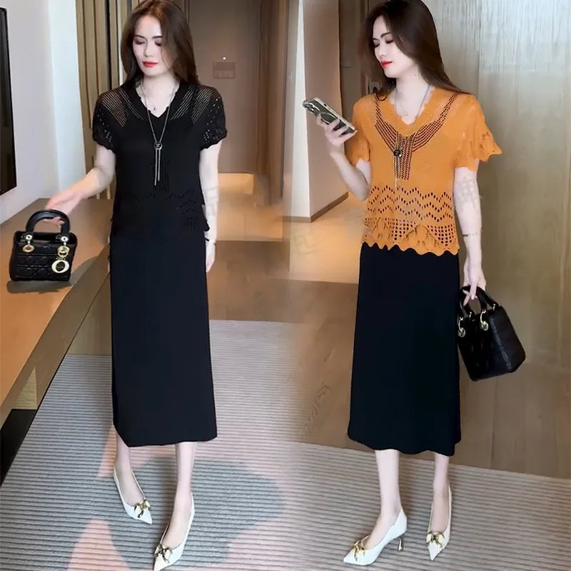 

Dress Suit Women's Summer Fashionable Stylish Slimming Thin Hollow Sweater Suspender Skirt Two-Piece Dress