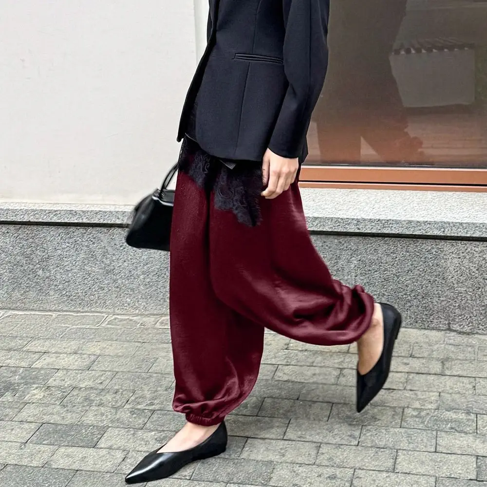 

Casual Loose Satin Lantern Pants High Waist Elegant High Waist Trousers Long Elastic Straight-Leg Pants Spring Summer
