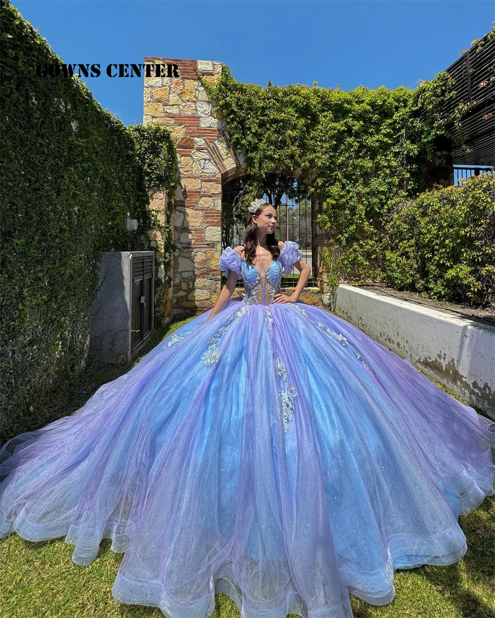 Wowed lichtpaars en blauw baljurk Quinceanera jurk uit de schouder prinses Sweet 15 jurk korset vestidos aangepast