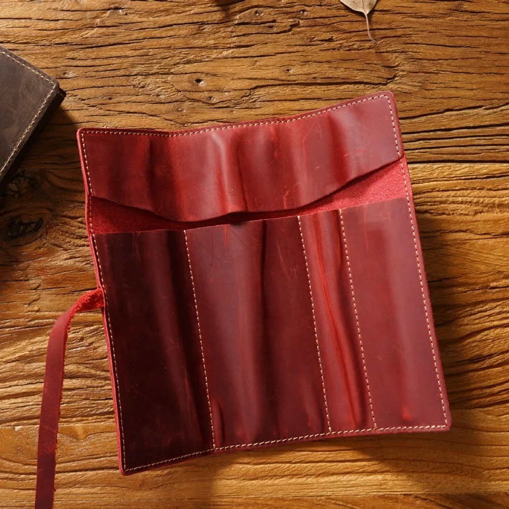 Genuine Leather Genuine Leather Pencil Case Pens Bag Creative Foldable Leathe Pencil Bag Foldable Tie Rope
