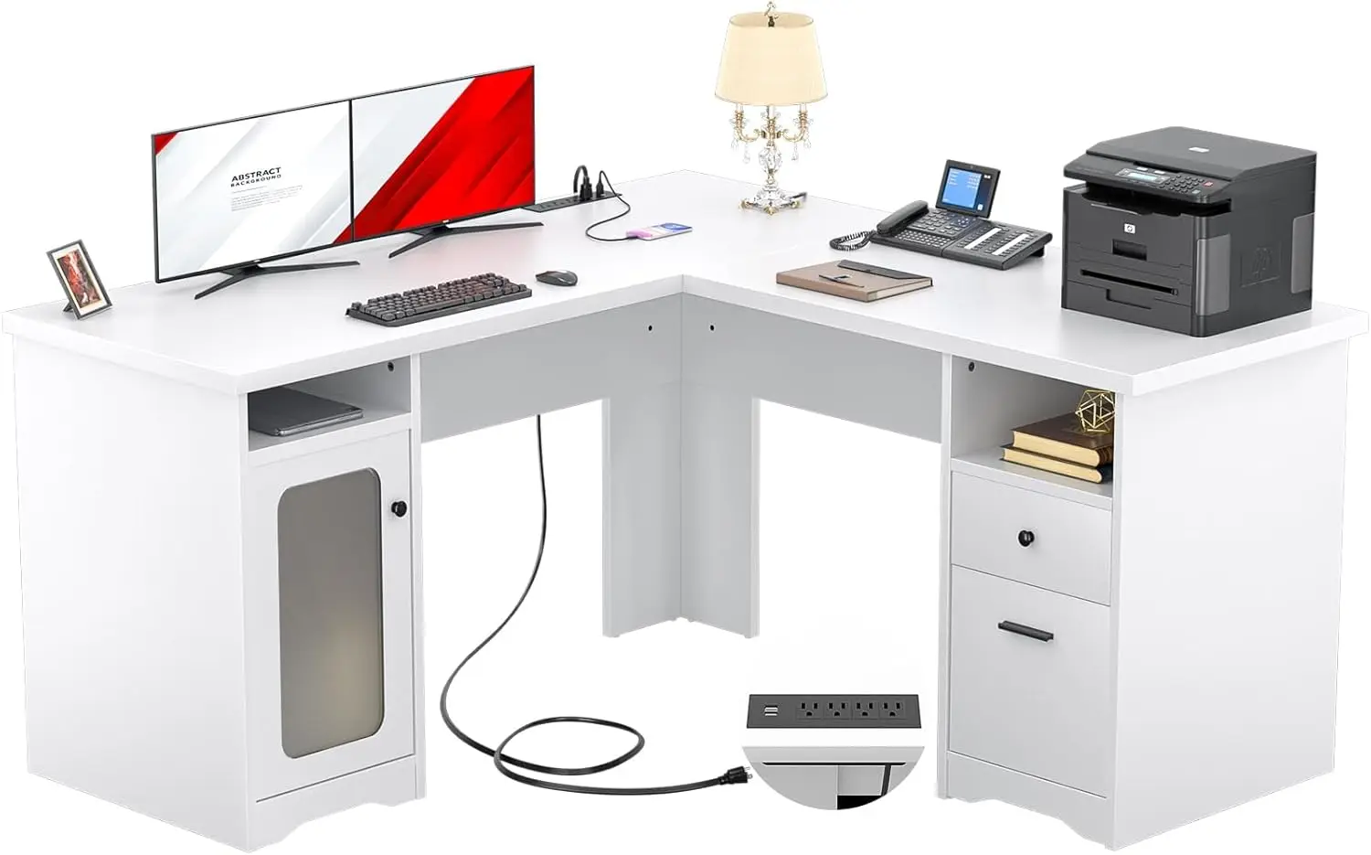 Computer Desk with Drawer, 60 Inch Office Desk with Power Outlets and USB Ports, Large L Shape Corner Desks wit