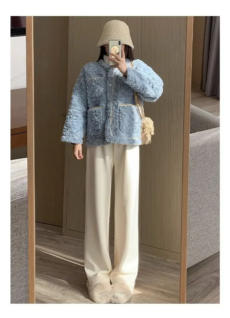 Ink Brocade White Soft Glutinous Women's High Waisted Casual Straight Leg Pants with Thick Velvet and Wide Legs