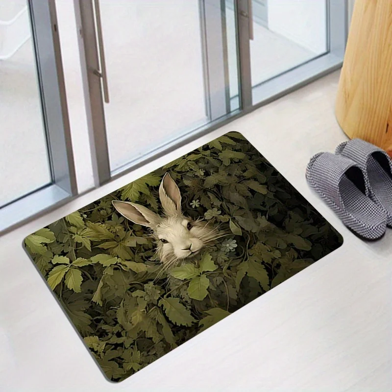 1pc Flannel Enchanted Forest Rabbit Print - Crystal Velvet Suitable for, Rabbit Design Mat with Backing, Soft Suitable for Entrance Door, Living Room, Bedroom