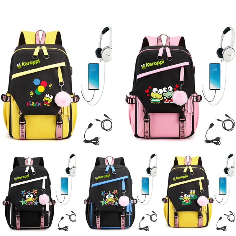 

Kerokero Keroppi Backpack Laptop for Girls Boys Teenager Children Rucksack Male Famale Casual Cartoon School Bags USB Backpacks