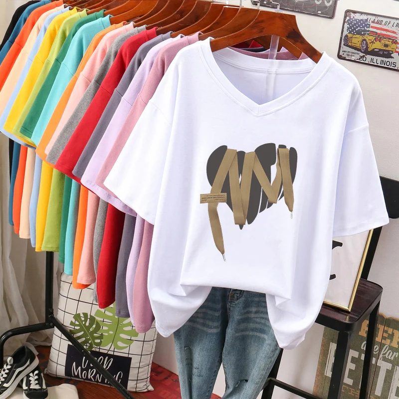Retro American Black Short Sleeve T-Shirt Women Summer New Design Loose V-Neck plus Size Trendy Cotton Korean Style Top