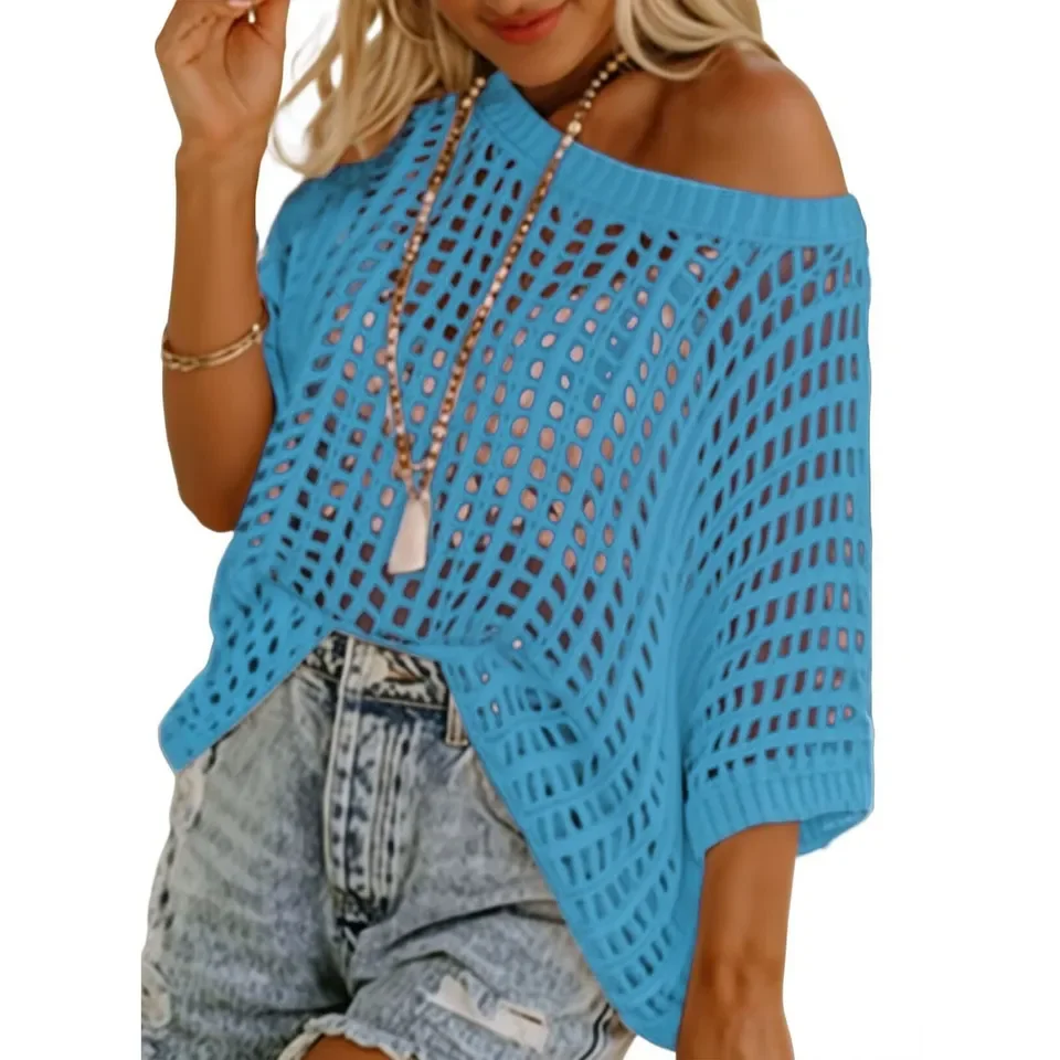 

Vintage Long Sleeve Women'S Pullover Sweater Womens Summer Neck Short Sleeve Sweater Casual Crochet Hollow Out Knit Tops 가을옷