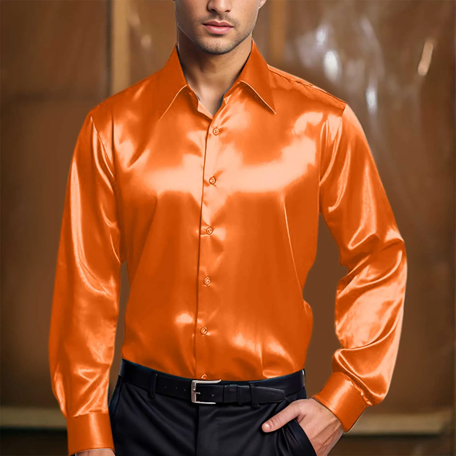 Bright Face Men Satin Silk Shirt Top Casual Fashion Solid Color Lapel Long Sleeve Shirt Night Club Shirt Blouse Men's Clothing