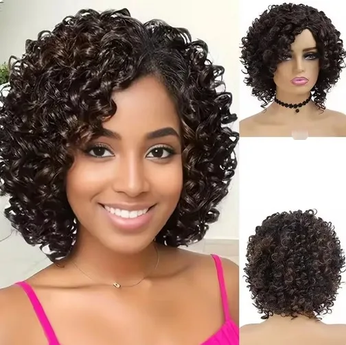 Short Afro Kinky Curly Wig Synthetic Ombre Brown Blonde Wigs for Women Side Part Bob Wigs Heat Resistant Natural Hair