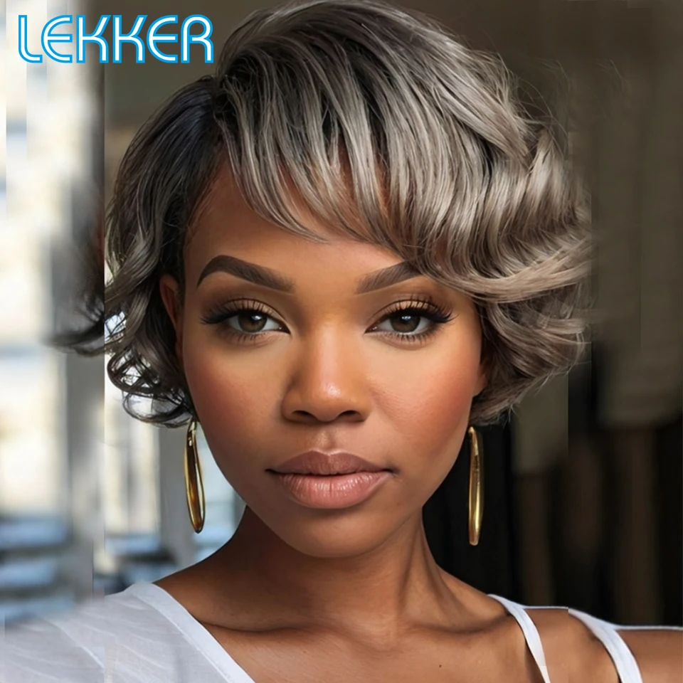 Lekker Highlight Silver Grey Short Wavy Bob 100% Human Hair Wigs For Women Brazilian Remy Hair Salt Pepper Full Machine Made