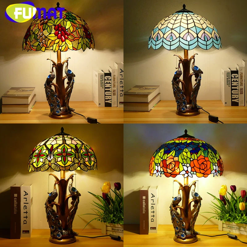 

FUMAT Tiffany style stained glass retro writing table lamp for wedding bedroom bedside lamp study hotel restaurant LED decor