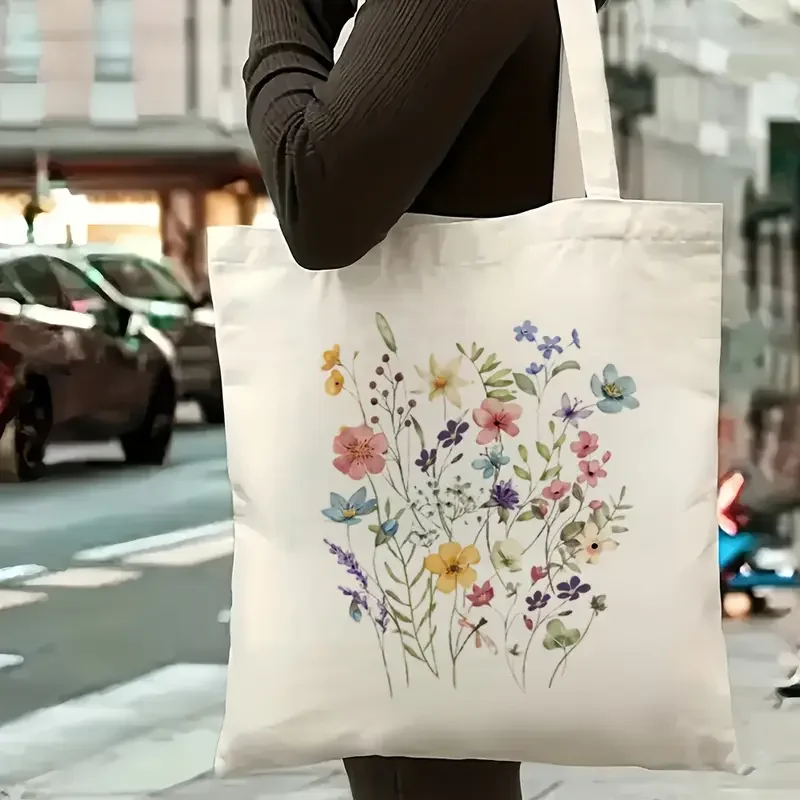 

Mixed Pastel Wildflower Cluster Watercolor Art Canvas Tote Bag Soft Handbag For Daily Commute And Casual Outdoor Use