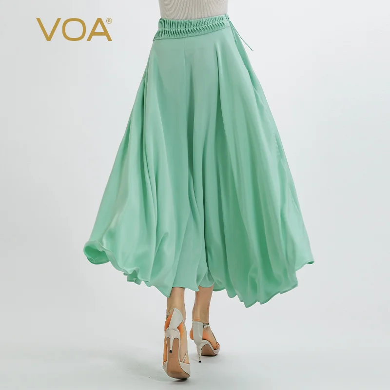 VOA 30 Momme Heavyweight Mulberry Silk Light Green Natural Waist Tucker Pleated Pearl Embellished Mid Length Silk Skirt CE171