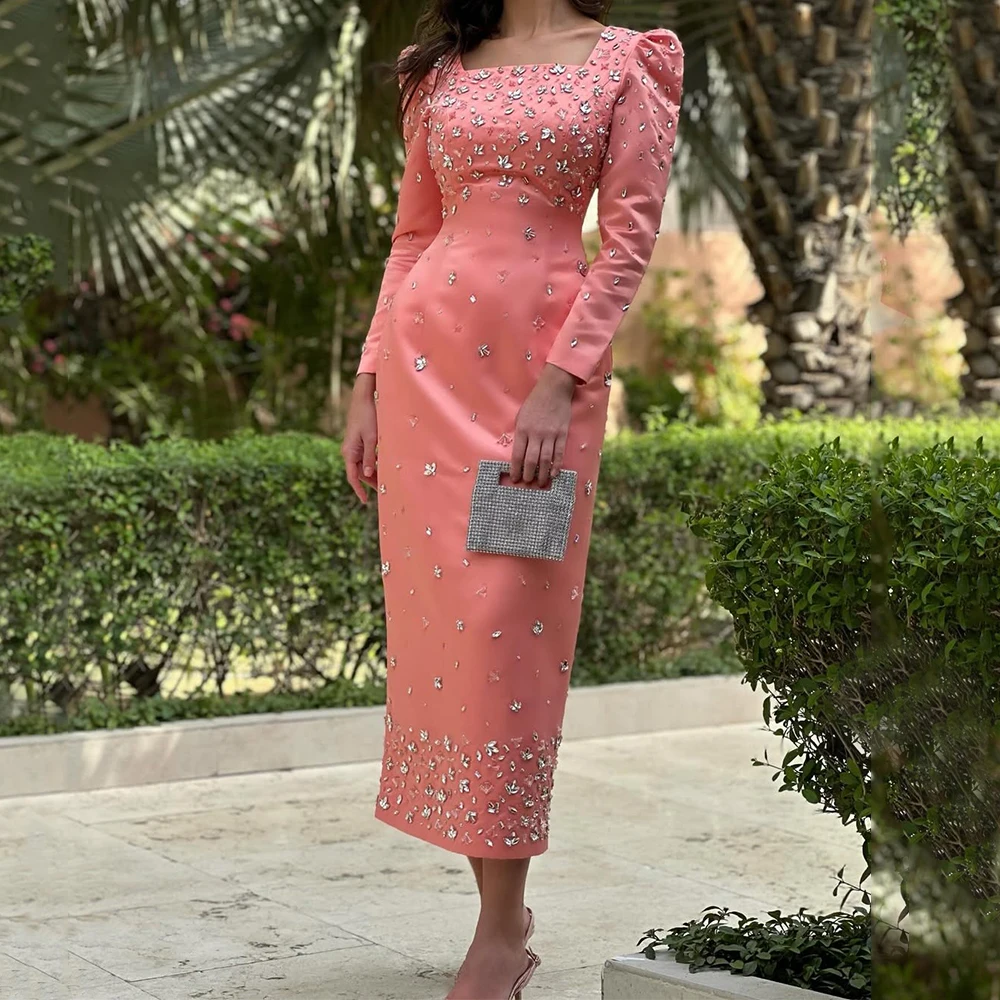 

Luxury Beaded and Crystal Evening Dress Square Collar Long Sleeve Customized Sheath Ankle Length Satin Women Wedding Party Gowns