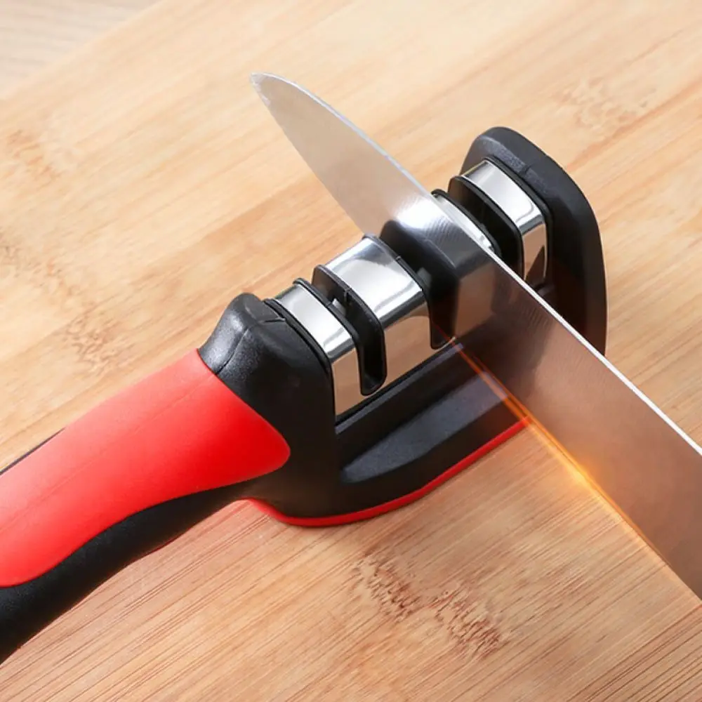 Red Manual Sharpener Rod Three Stage Kitchen Honing Tool Stainless Steel Gadget For Fast Blade Sharpening