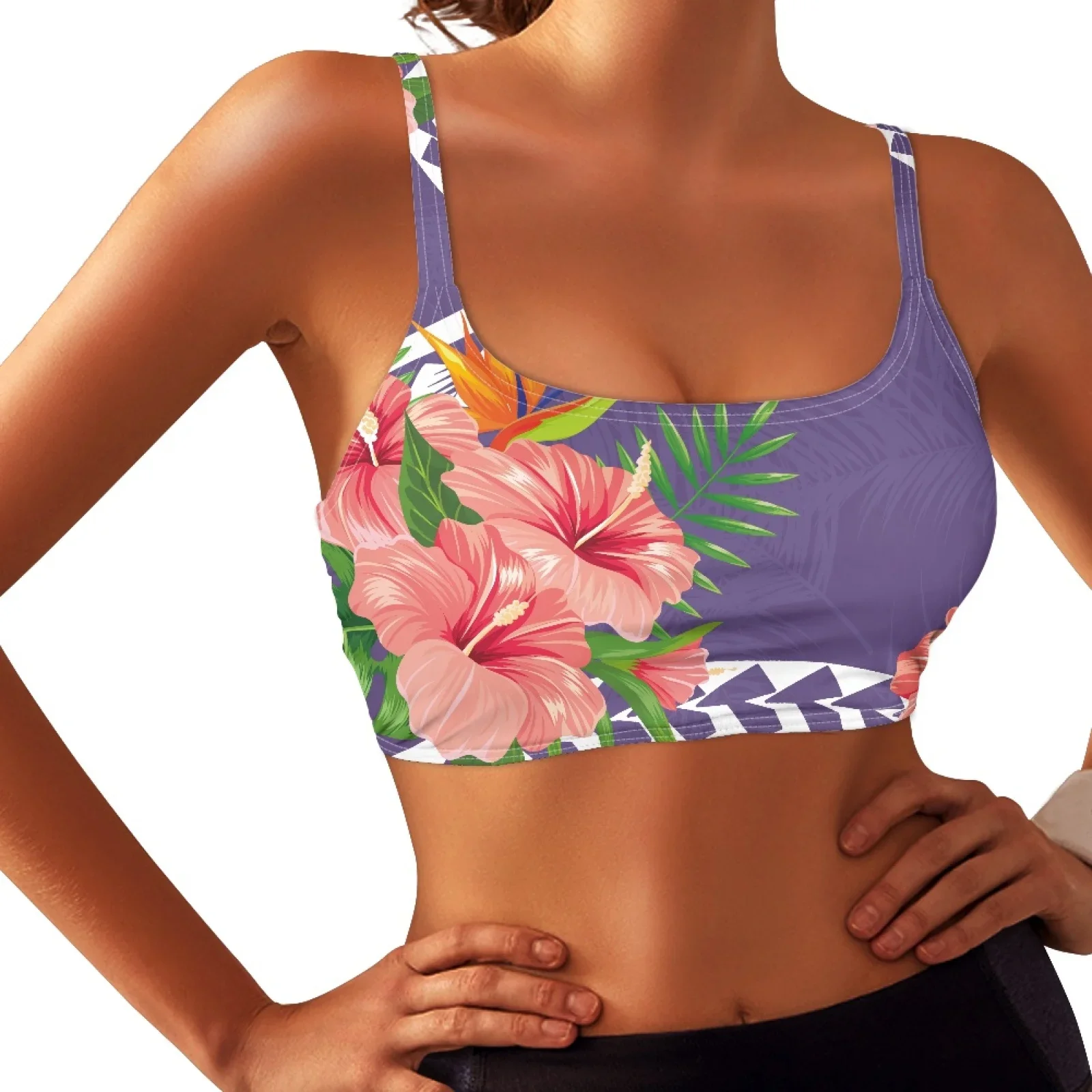 Polynesian Tribal Fijian Totem Tattoo Fiji Prints Women No Collar No Zipper Tank Top Hibiscus Yoga Bra Soft Polyester Fabric